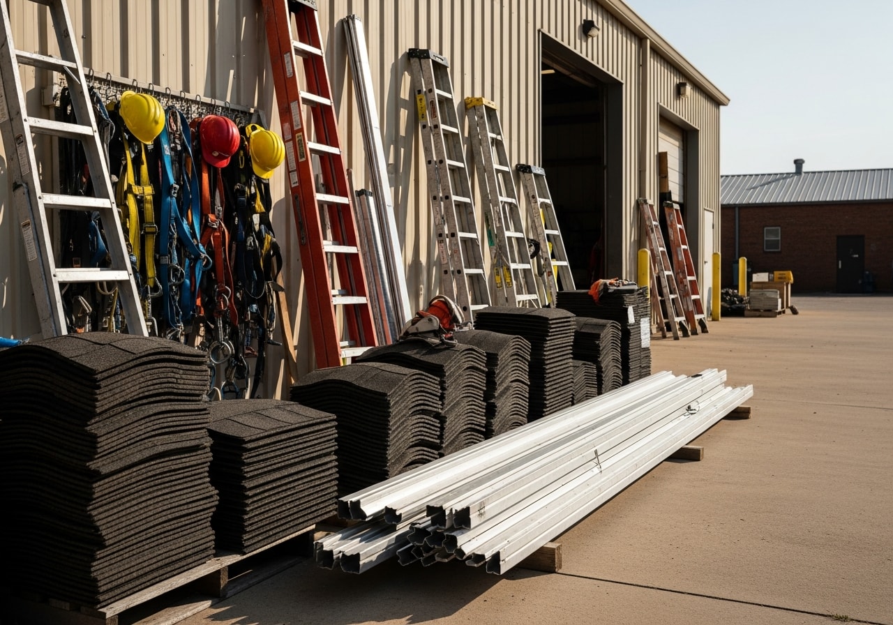 Professional roofing crew with tools and equipment on a residential roof, demonstrating skilled workmanship and safety readiness.