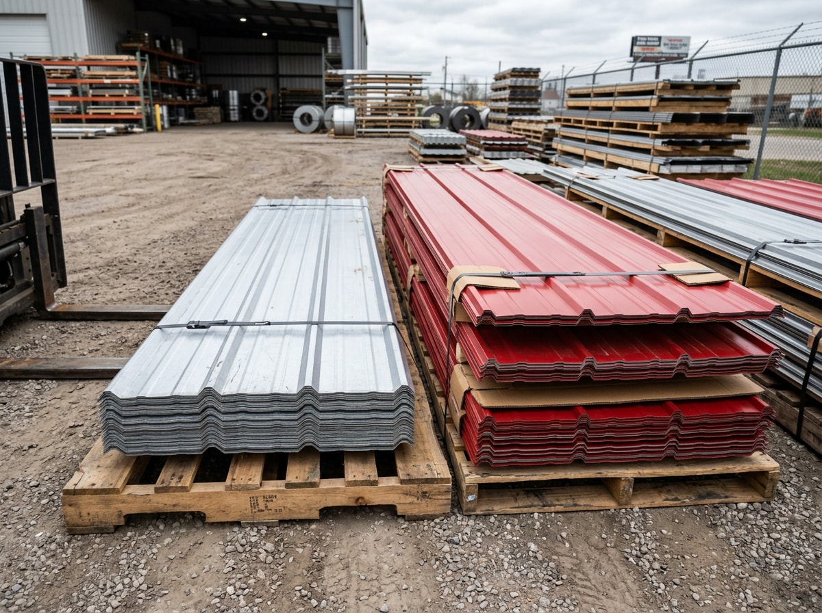 Stacked corrugated and R-panel metal roofing panels ready for pickup at a supply yard