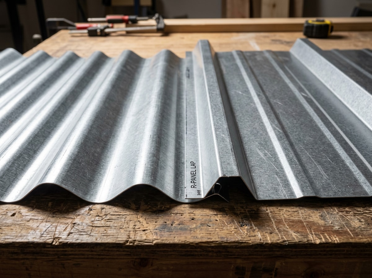 Close-up comparison of corrugated panel and R-panel ribs showing side-lap overlap