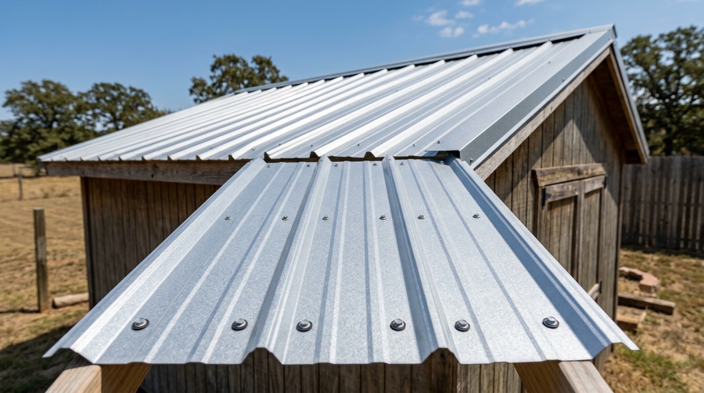 Newly installed 3 ft by 12 ft metal roofing panels on a shed roof in Jenks, OK Newly installed 3 ft by 12 ft metal roofing panels on a shed roof in Jenks, OK
