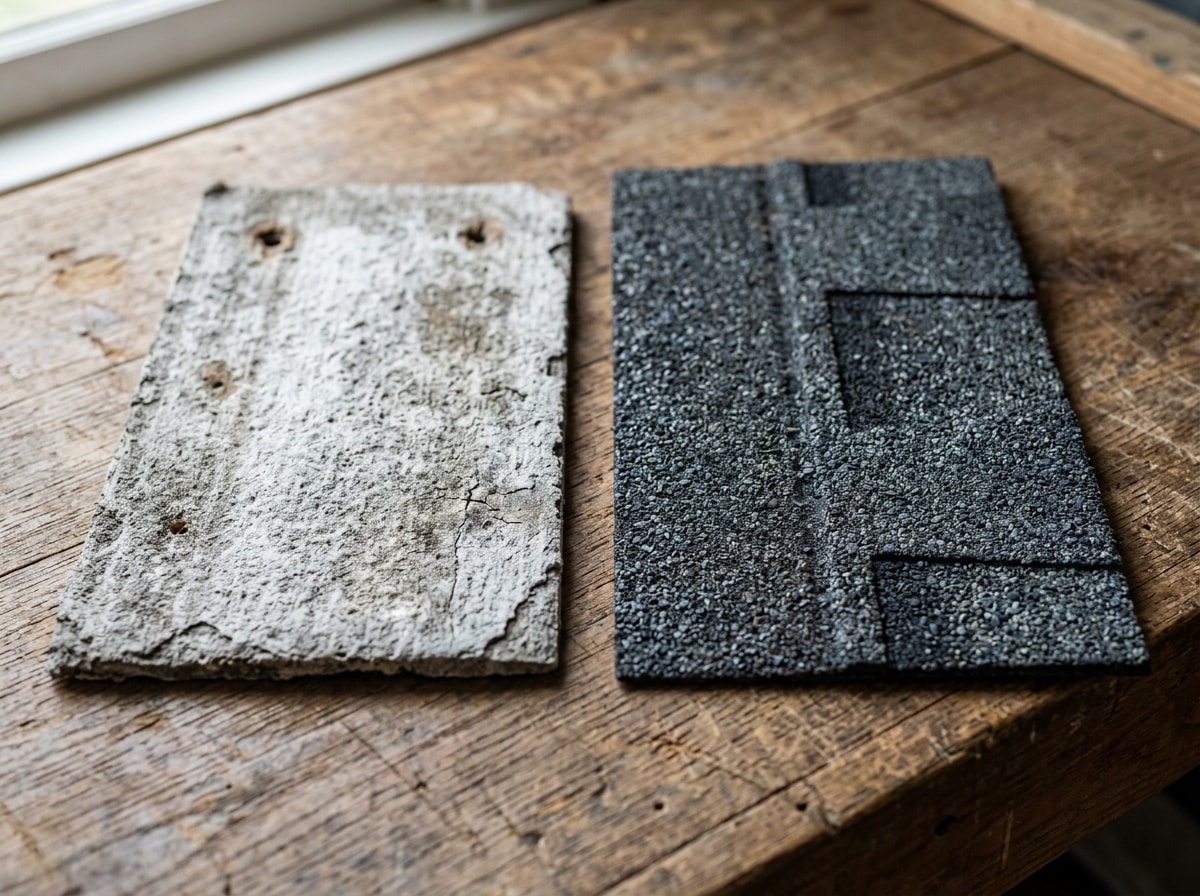 Close-up comparison of a brittle gray asbestos-cement roof shingle beside a modern asphalt shingle