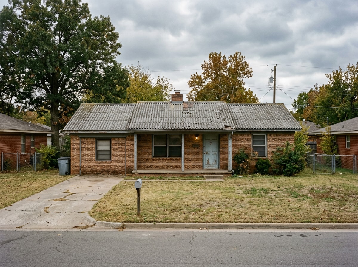 Exterior view of a weathered pre-1980 Edmond-area home with corrugated cement-shingle roofing