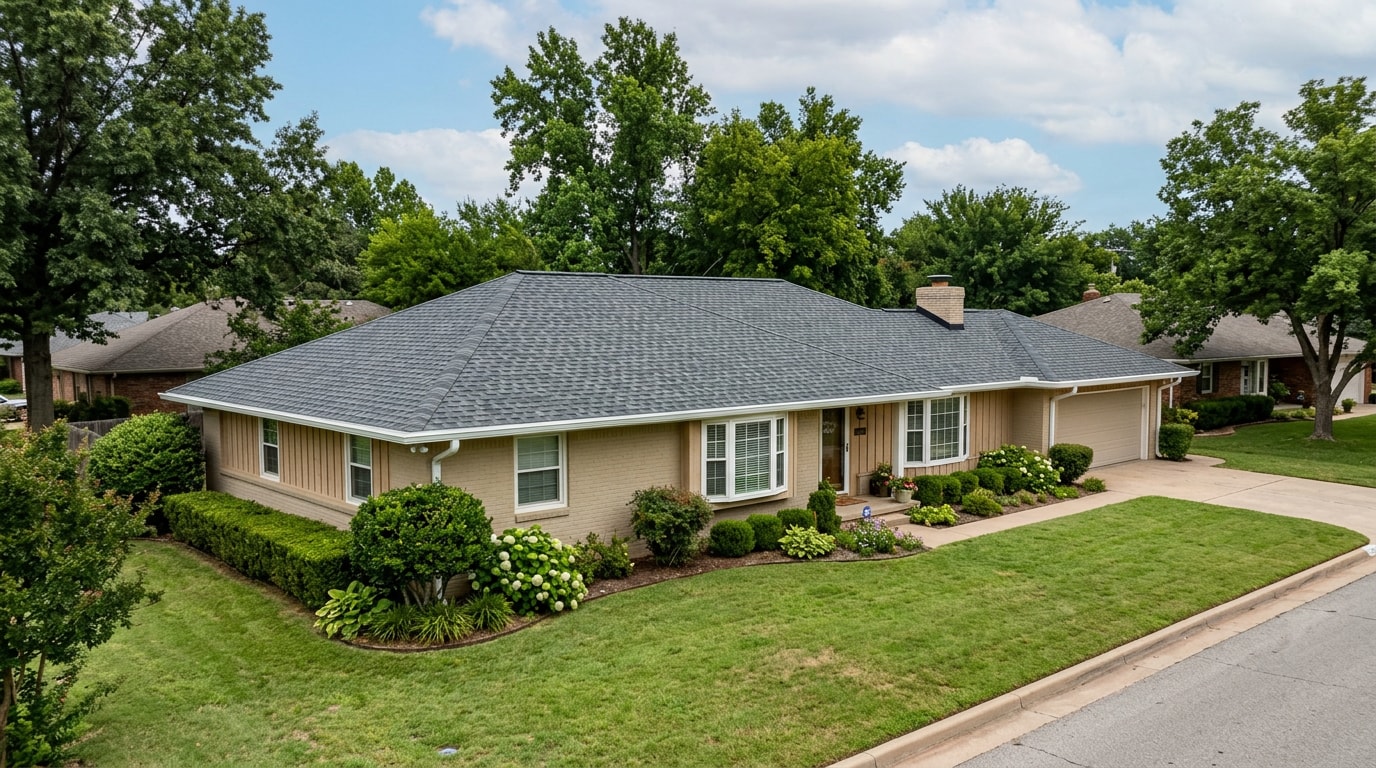 Finished roof replacement on an older Edmond, OK style home Finished roof replacement on an older Edmond, OK style home
