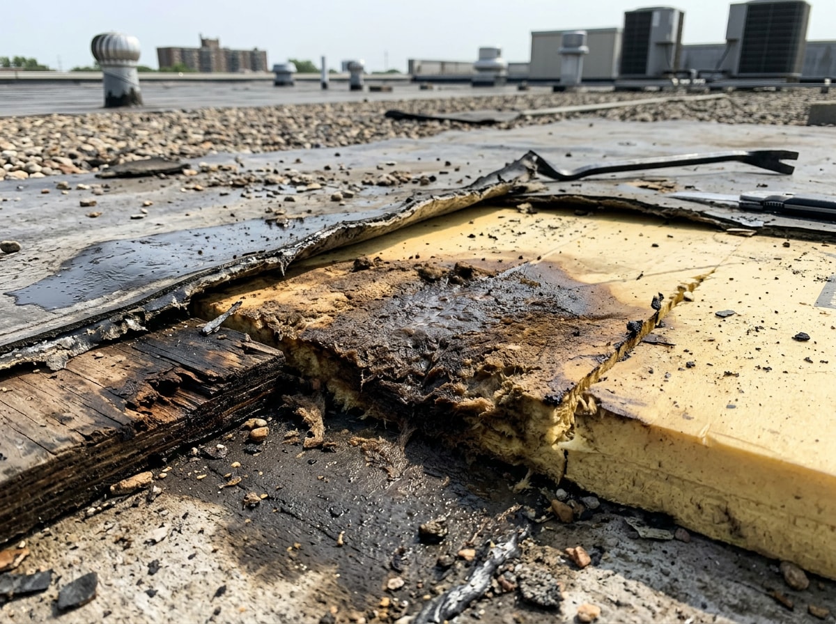 Water stain and visible leak damage on a flat roof deck