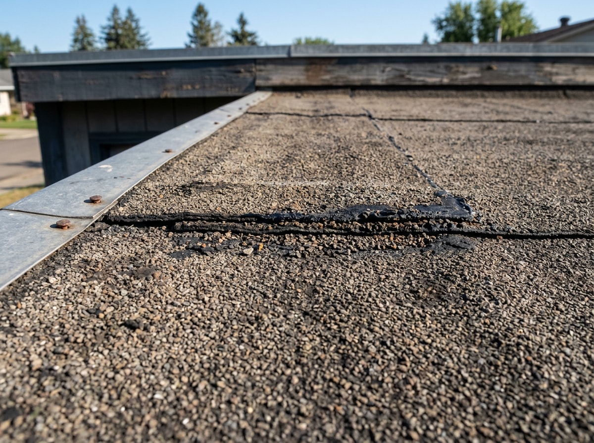 Close-up of a residential asphalt flat roof section with visible seams