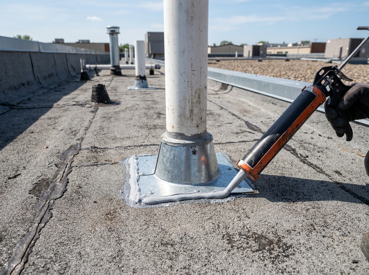 Roofer applying sealant to vent flashing on a commercial flat roof