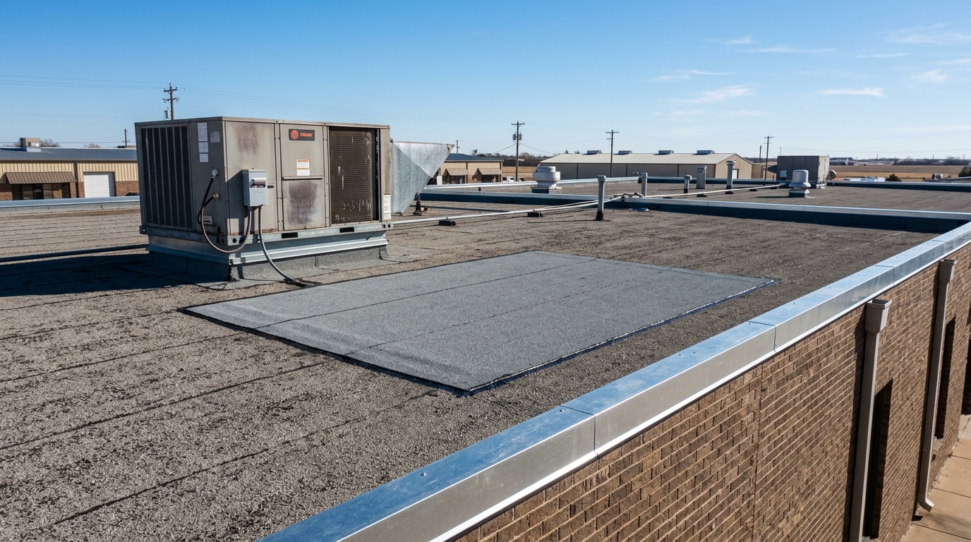 Freshly repaired asphalt flat roof on a commercial building in Bixby, OK