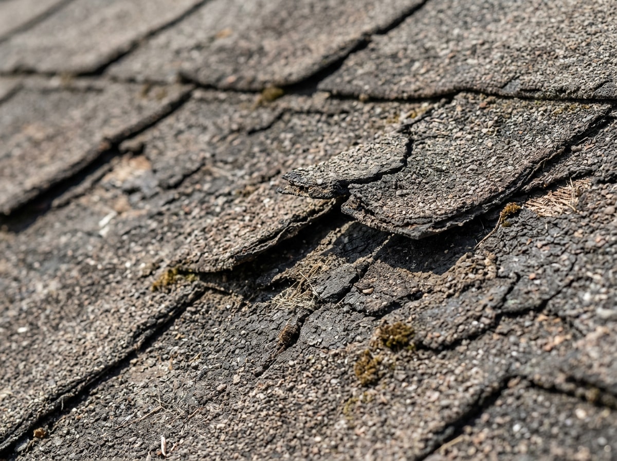 Close-up of cracked and curling asphalt shingles on a sloped residential roof