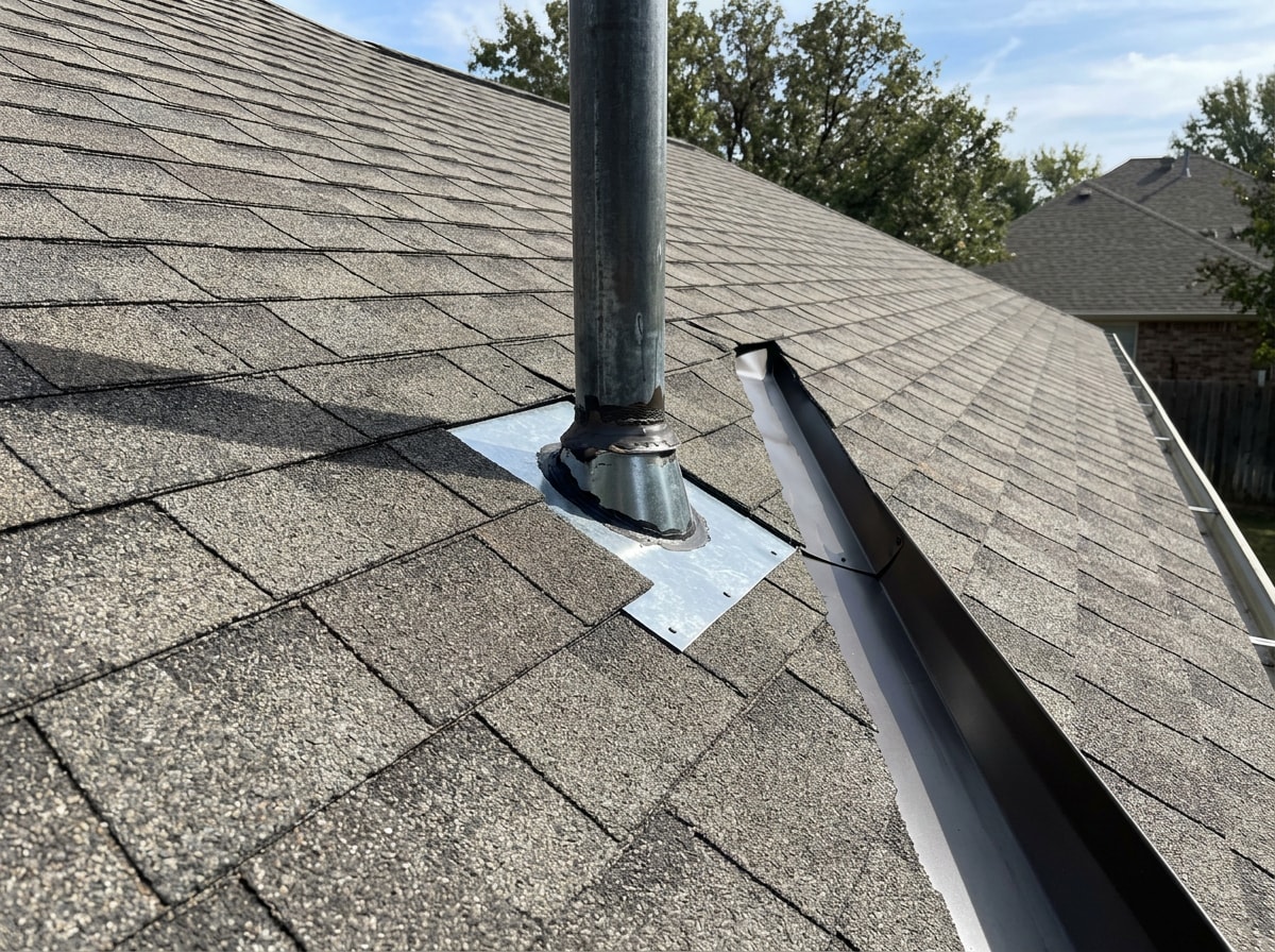 Roofing contractor inspecting flashing and shingles on an Owasso, OK home after a storm