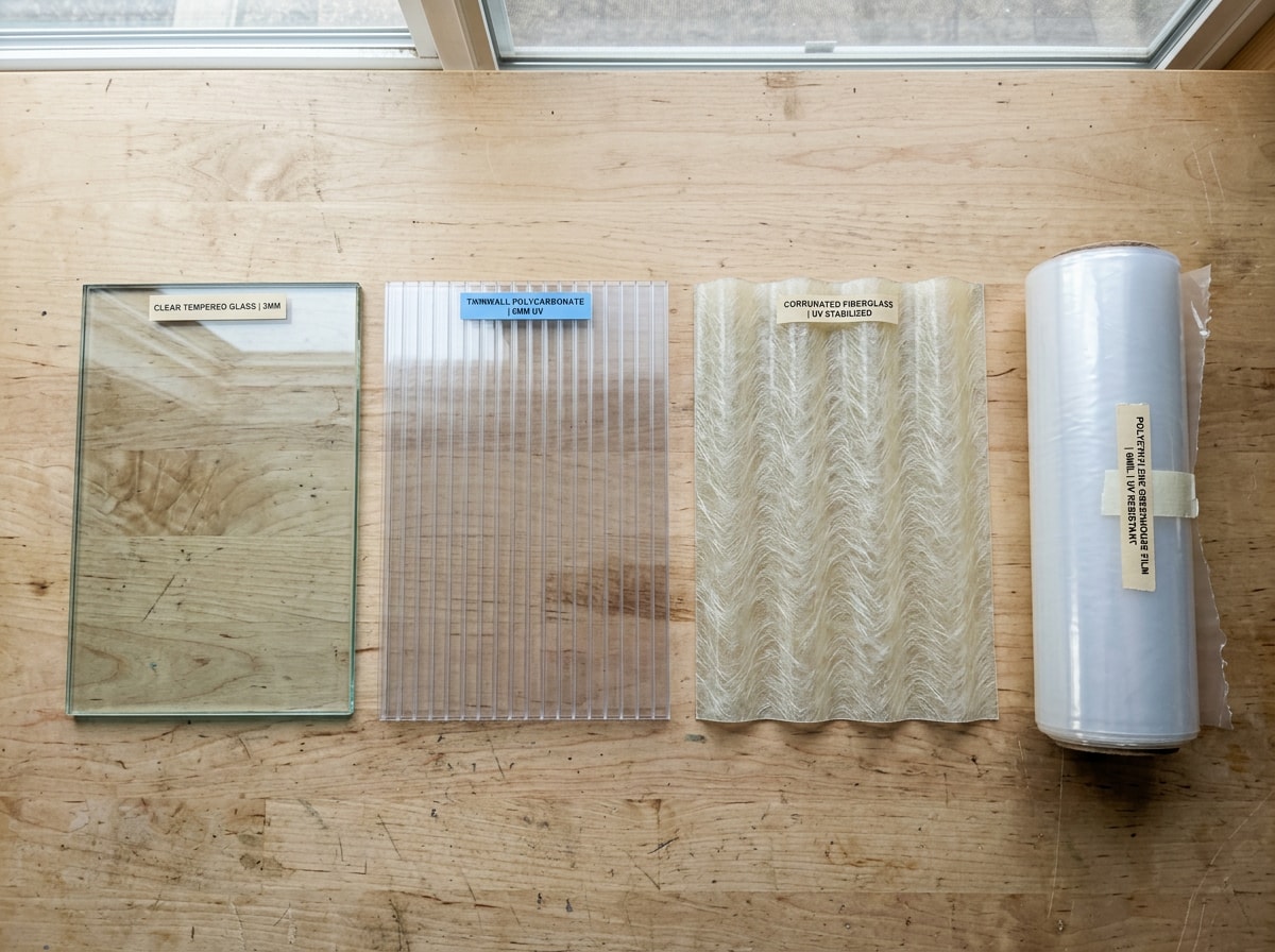 Flat-lay comparison of glass, polycarbonate, fiberglass, and poly film greenhouse roofing material samples