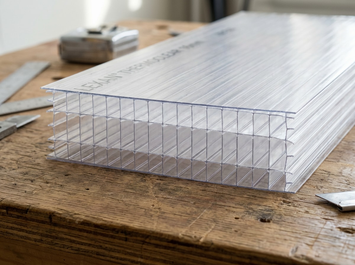 Cross-section view of a multiwall polycarbonate greenhouse panel showing internal air channels