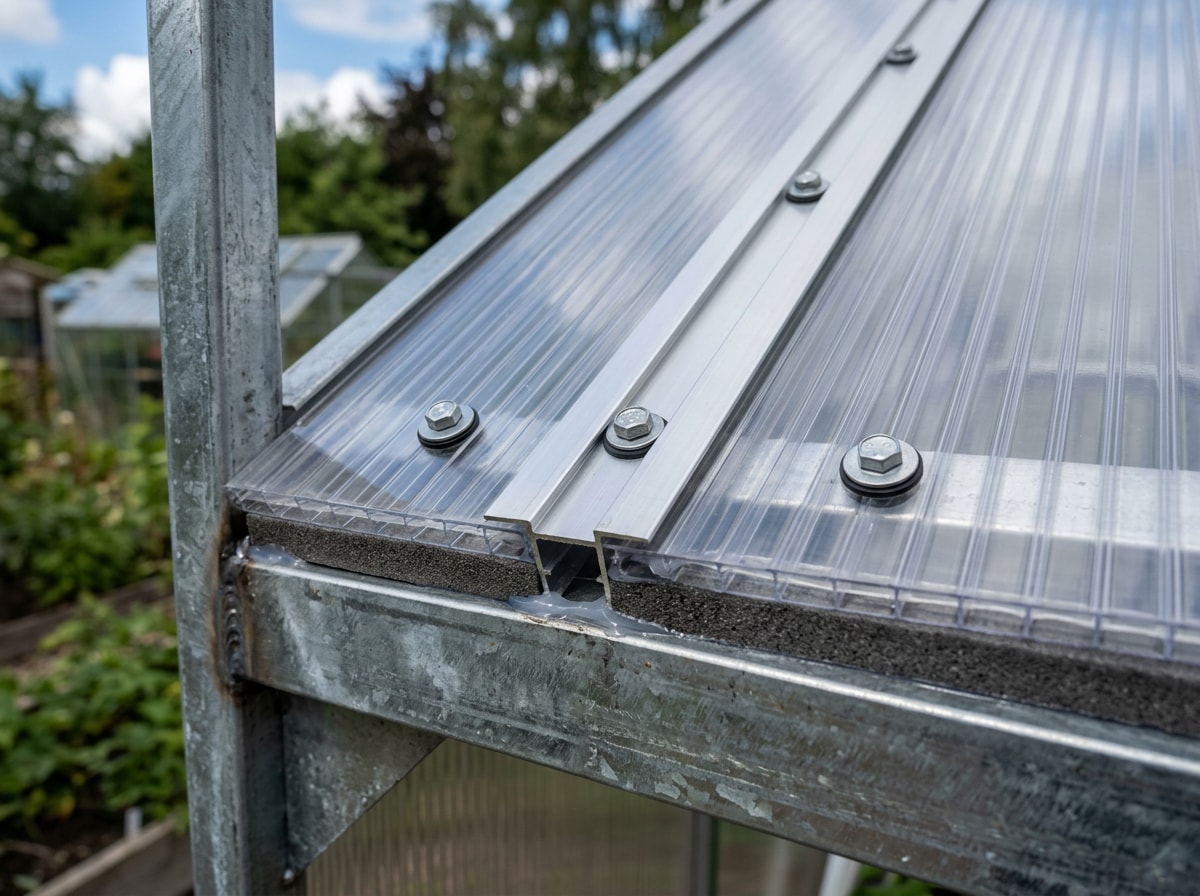 Finished multiwall polycarbonate roof panels installed and sealed on a backyard greenhouse frame