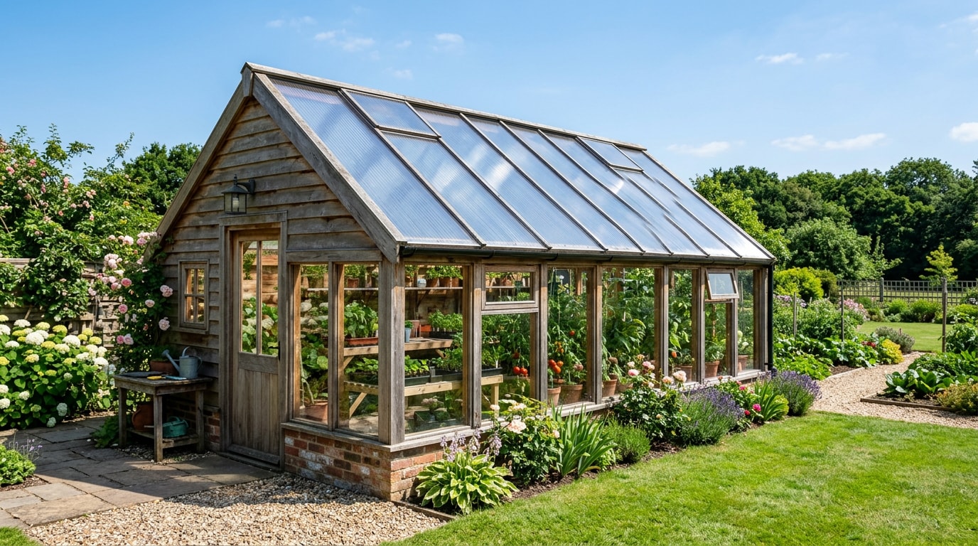 Backyard greenhouse with newly installed polycarbonate roofing panels in Tulsa, OK Backyard greenhouse with newly installed polycarbonate roofing panels in Tulsa, OK
