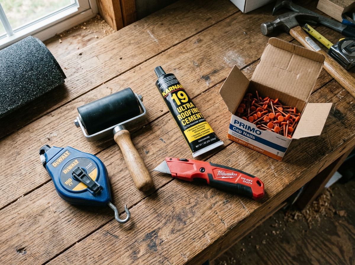Flat-lay of roll roofing installation materials including roofing cement, cap nails, utility knife, and chalk line