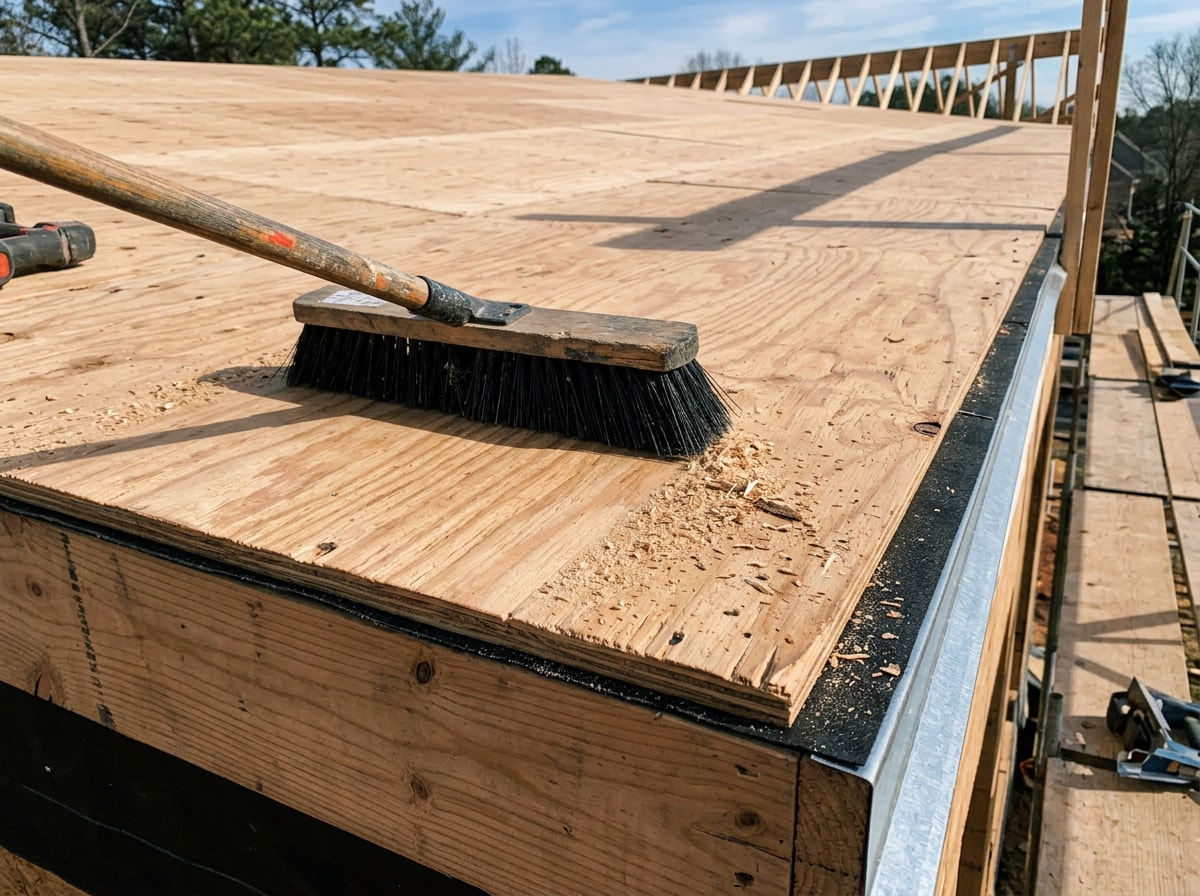 Worker preparing and cleaning a roof deck before roll roofing installation