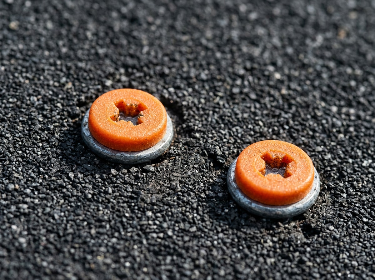 Close-up of cap nails being fastened into roll roofing material