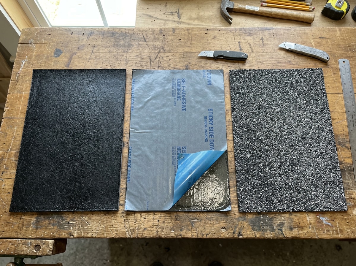 Samples of asphalt, self-adhesive, and mineral-surfaced roll roofing laid side by side on a workbench