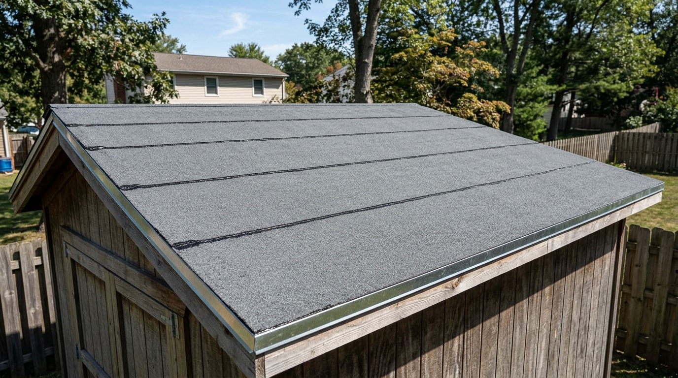 Freshly installed roll roofing on a low-slope shed roof in Bixby, OK Freshly installed roll roofing on a low-slope shed roof in Bixby, OK
