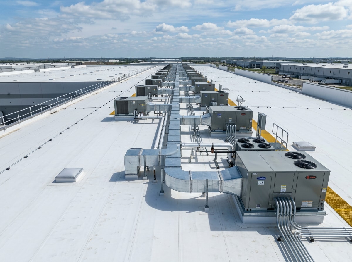 Flat industrial roof system with rooftop HVAC units in Jenks, OK
