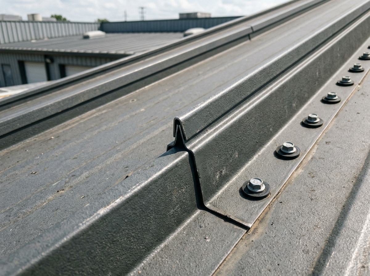 Close-up of interlocking metal roofing panels on a commercial building