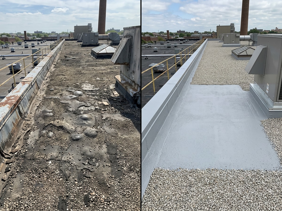 Before and after photo of a built-up roof repair on an industrial building