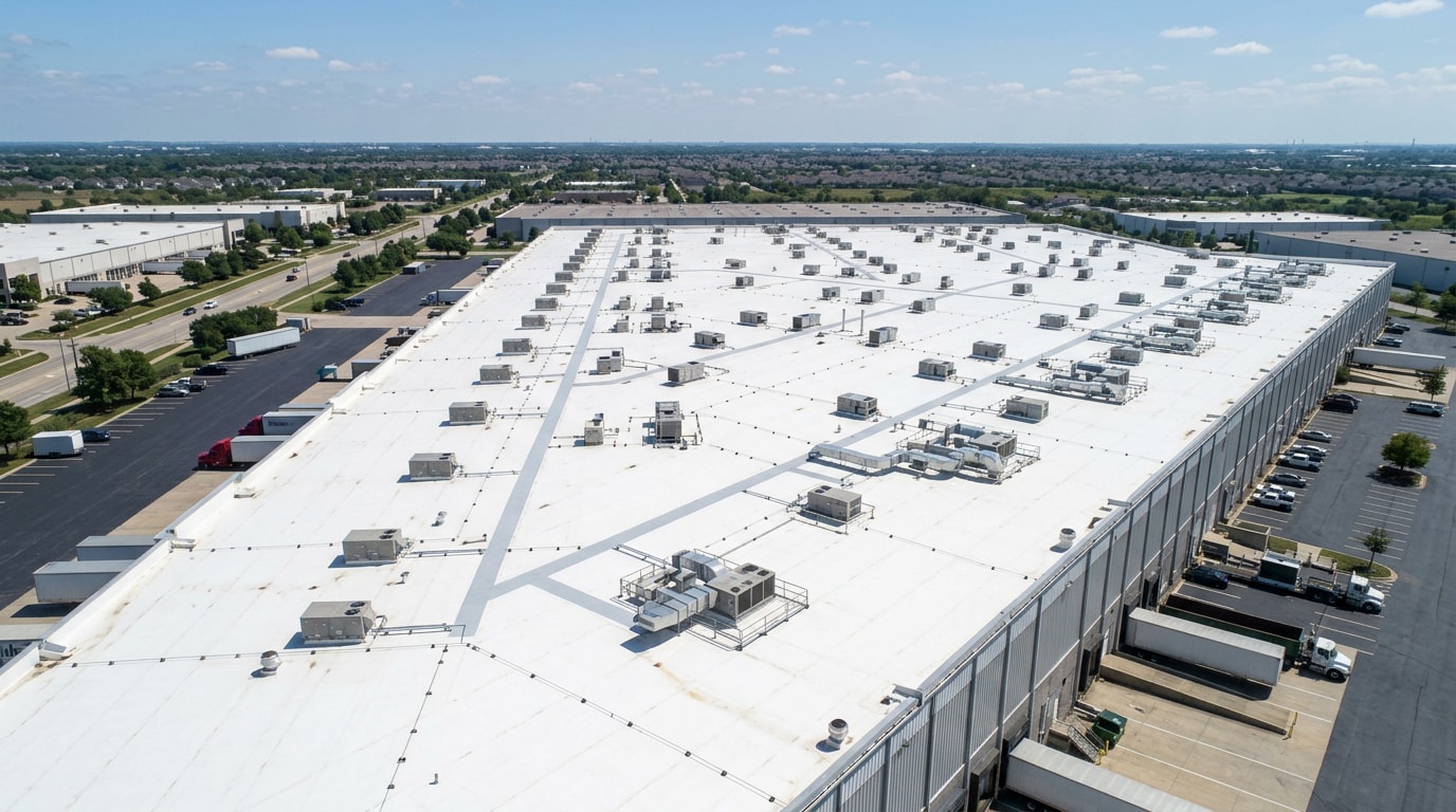 Industrial warehouse roof with TPO membrane and rooftop HVAC units in Jenks, OK Industrial warehouse roof with TPO membrane and rooftop HVAC units in Jenks, OK