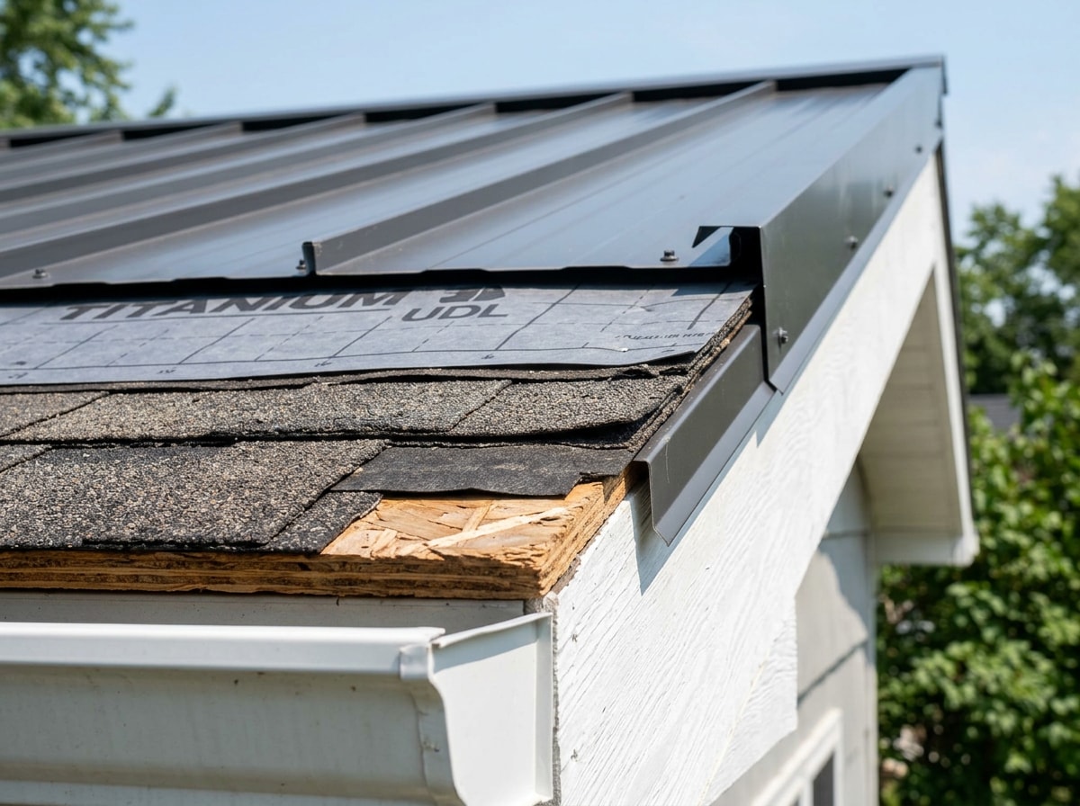 Metal roof installed over an existing asphalt shingle roof on a house in Moore, Oklahoma