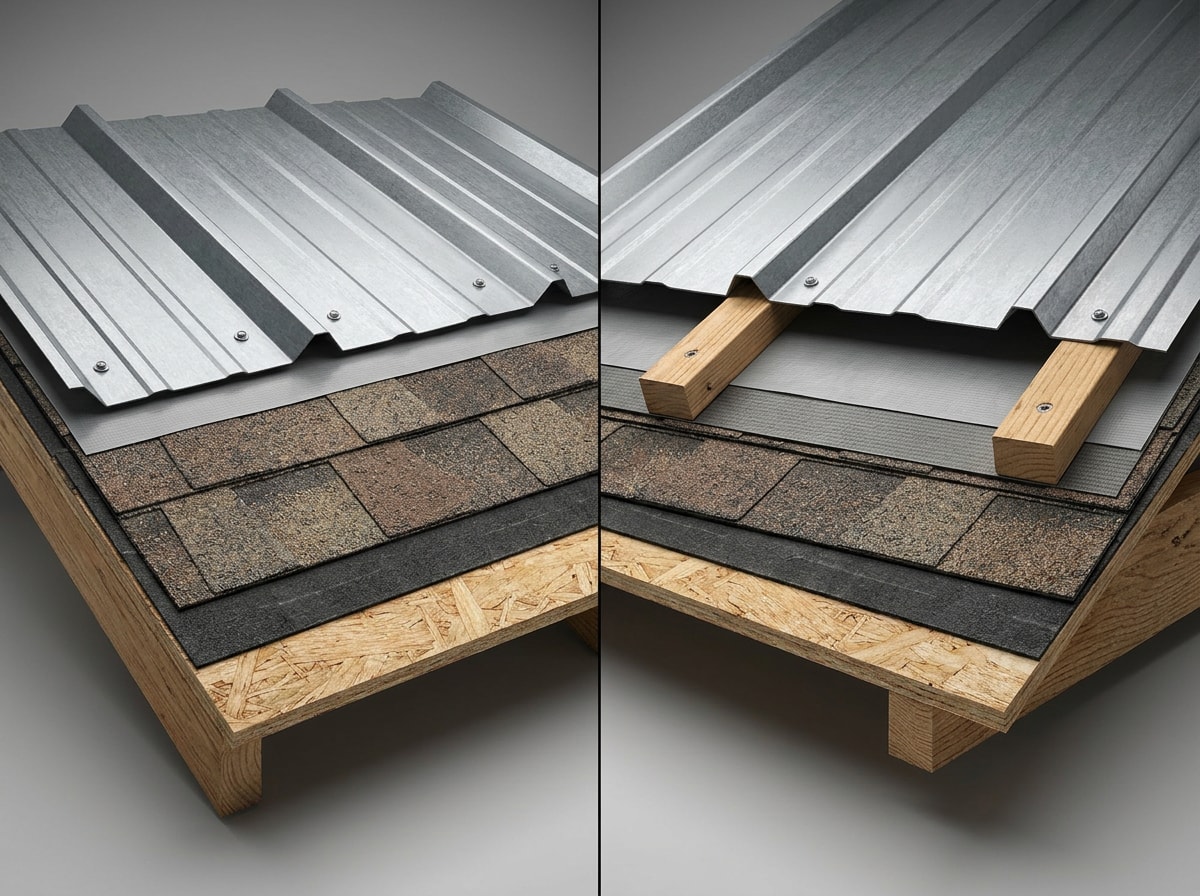 Cross-section comparison of a direct metal roof overlay versus a furring strip and purlin installation system