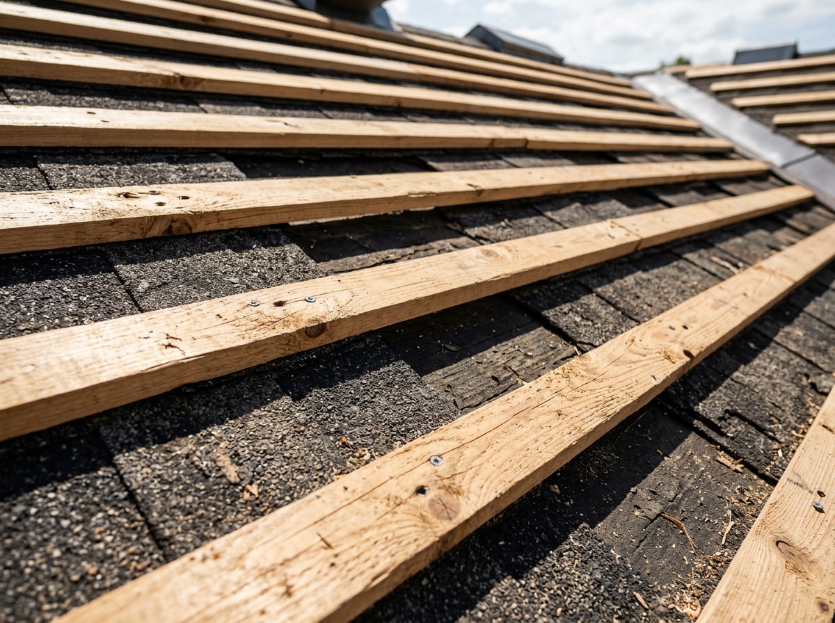 Close-up of furring strips installed over an asphalt shingle roof before metal panel installation