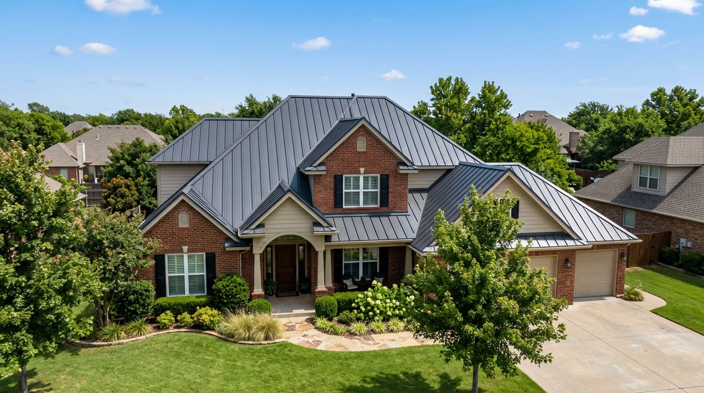 Standing-seam metal roof installed on a suburban home in Moore, Oklahoma Standing-seam metal roof installed on a suburban home in Moore, Oklahoma