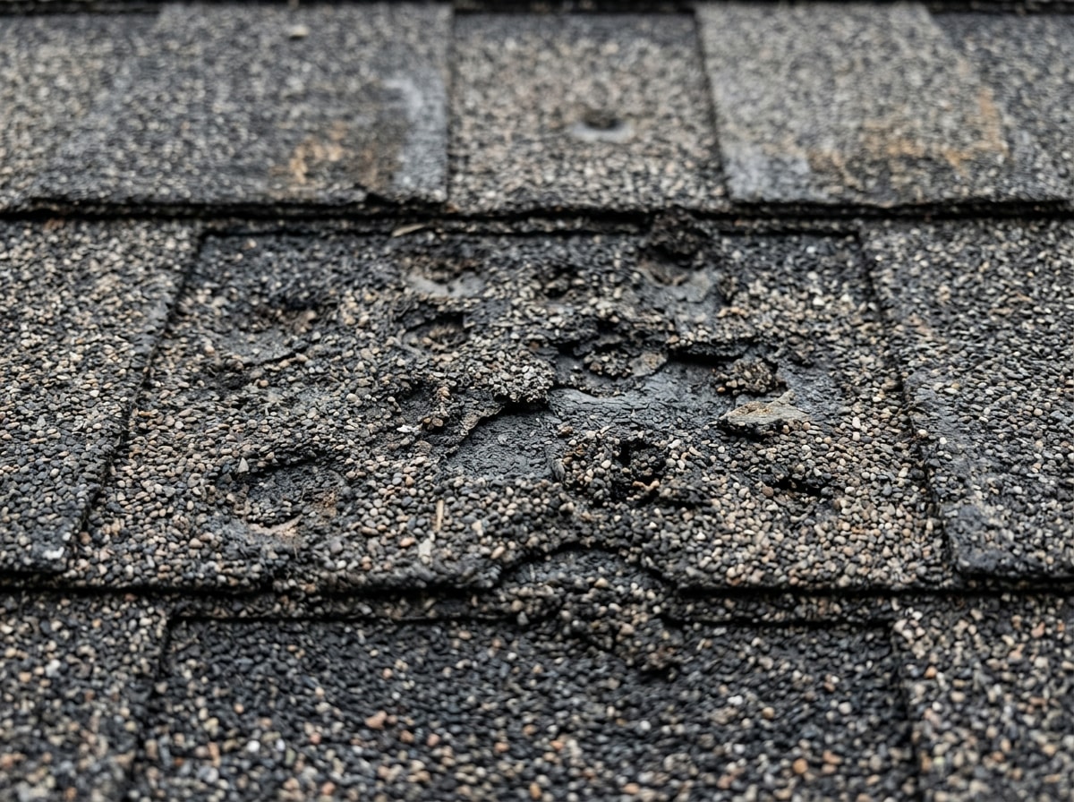 Close-up of hail-damaged asphalt shingles on an Owasso roof showing bruising and granule loss