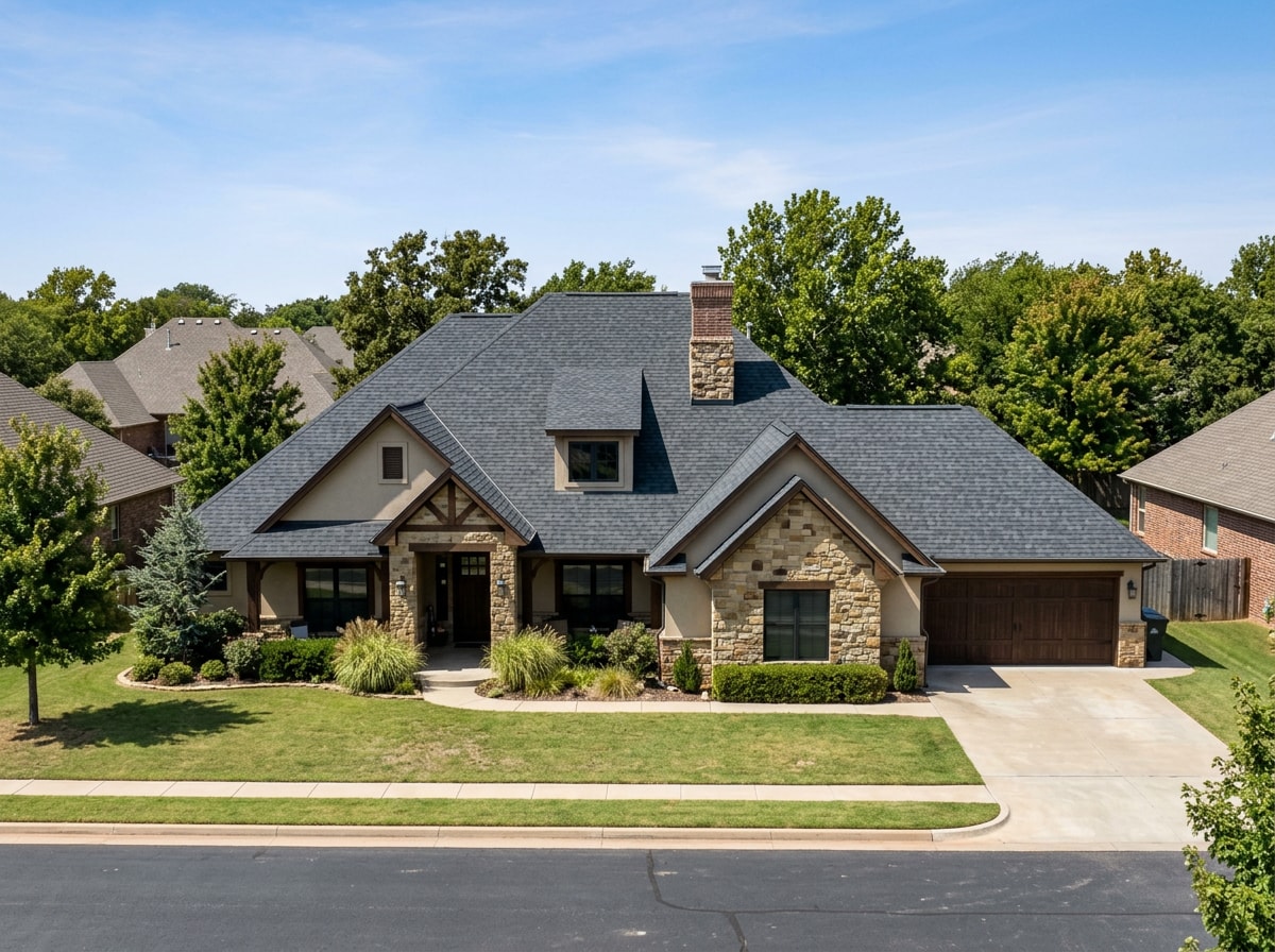 Finished residential roof replacement in Owasso, OK with new architectural shingles