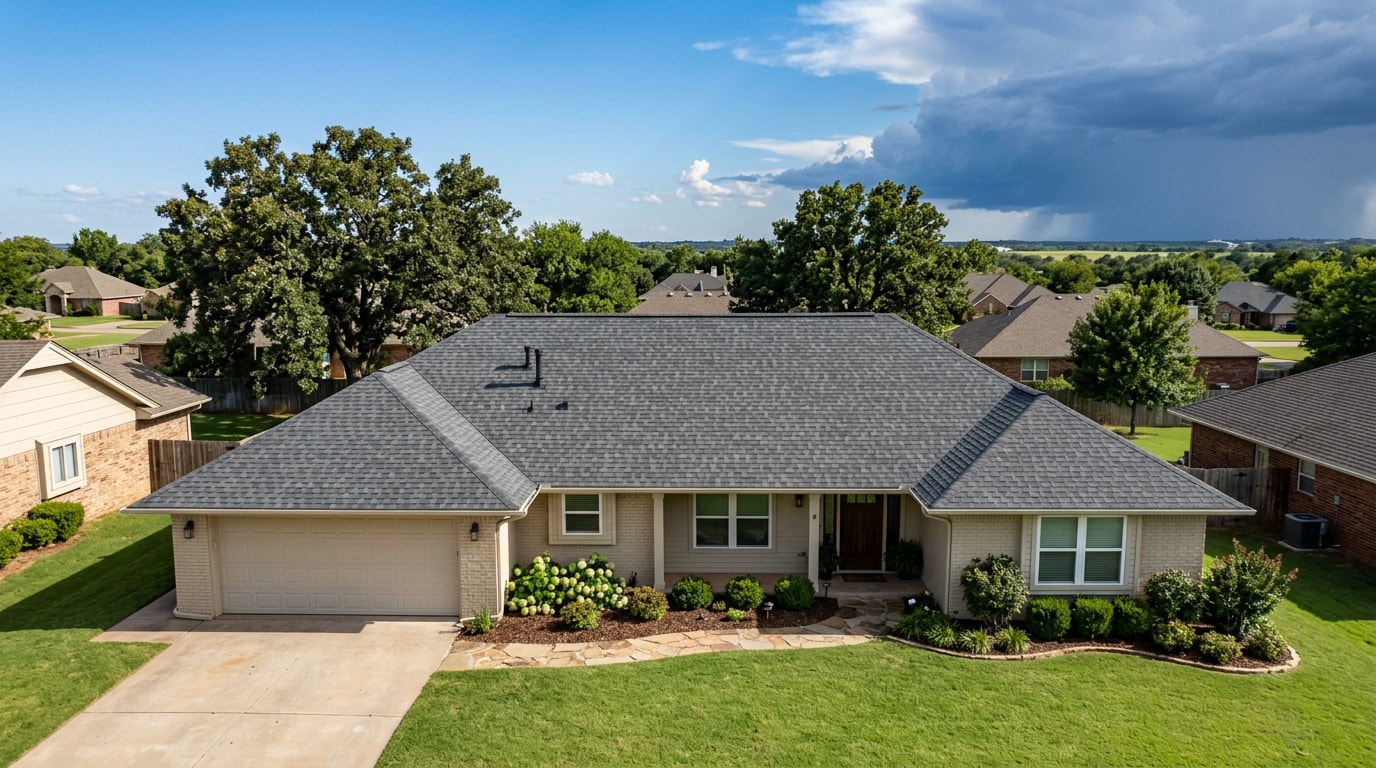 Freshly restored asphalt shingle roof on an Owasso, OK home