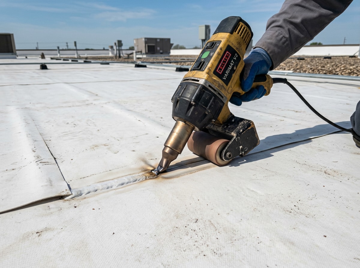 Technician heat-welding seams on a TPO membrane roof