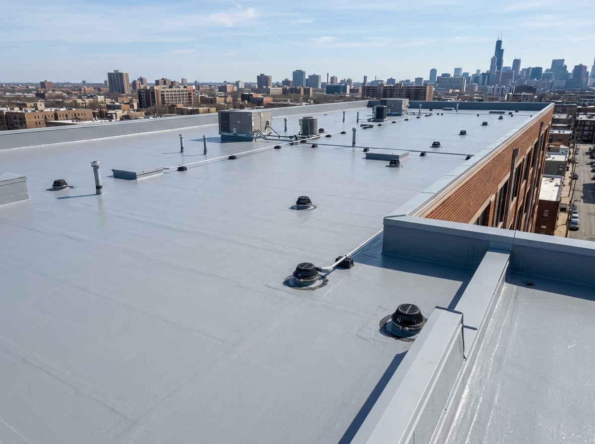 Finished flat commercial roof with new silicone coating application