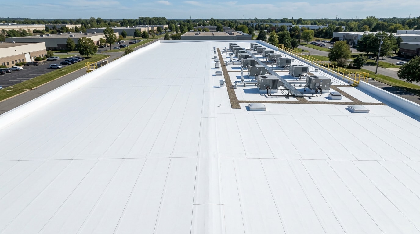 Finished flat commercial roof with new TPO waterproofing membrane in Broken Arrow, OK Finished flat commercial roof with new TPO waterproofing membrane in Broken Arrow, OK