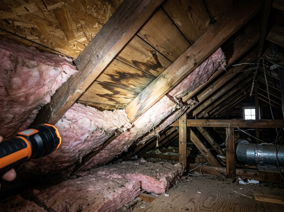 Attic inspection showing water stains and compressed insulation on roof decking between rafters
