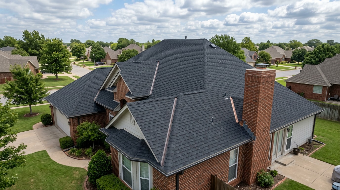 Residential asphalt shingle roof in Piedmont, OK ready for a seasonal inspection Residential asphalt shingle roof in Piedmont, OK ready for a seasonal inspection