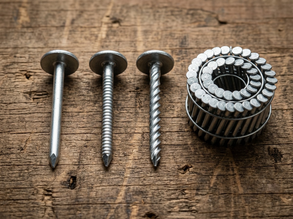 Side-by-side comparison of smooth shank, ring shank, screw shank, and coil roofing nail profiles