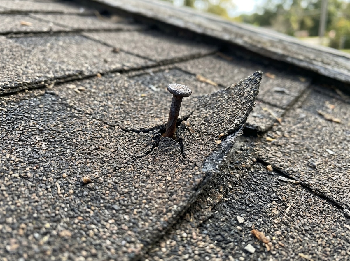 Close-up of a popped roofing nail lifting an asphalt shingle tab on an asphalt roof