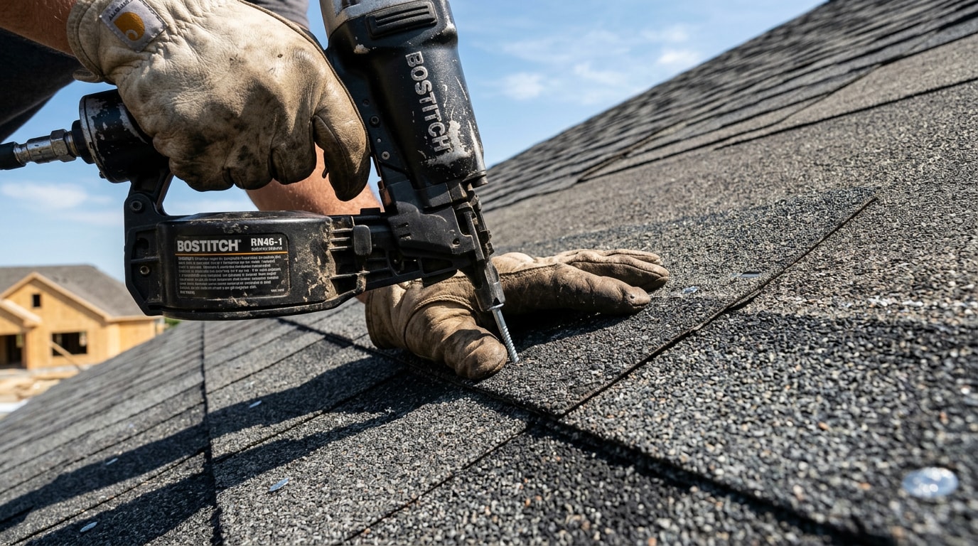 Galvanized ring shank roofing nails being installed into asphalt shingles on an Oklahoma City home