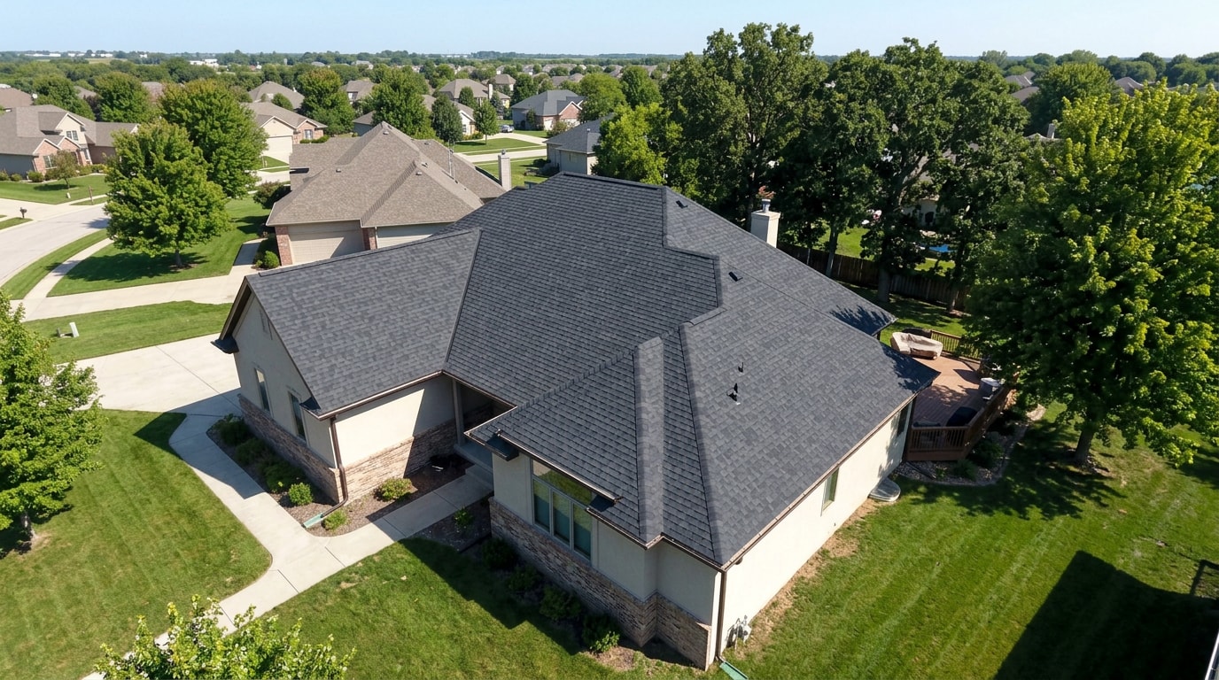 Freshly installed asphalt shingle roof on an Edmond, Oklahoma style home