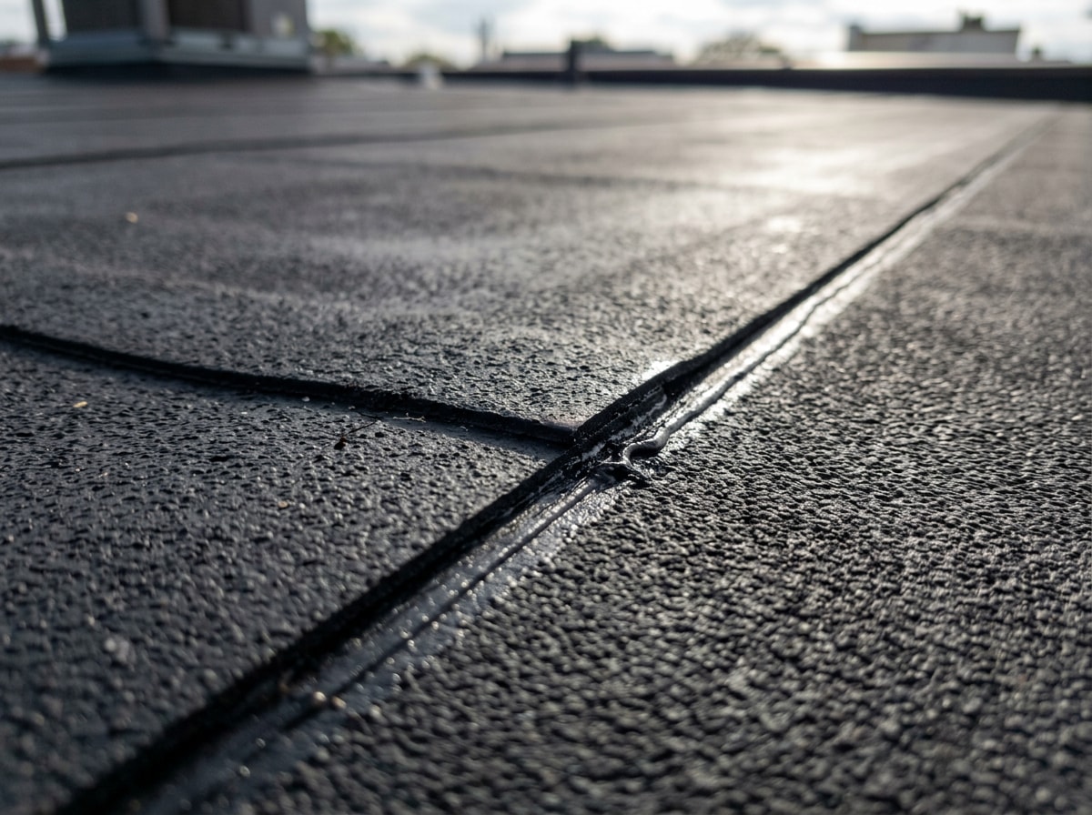 Close-up of a black EPDM rubber roof membrane installed on a flat residential roof section