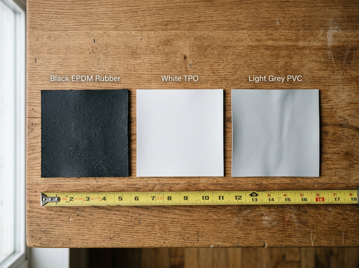 Side-by-side close-up of EPDM, TPO, and PVC roofing membrane samples showing texture and seam differences