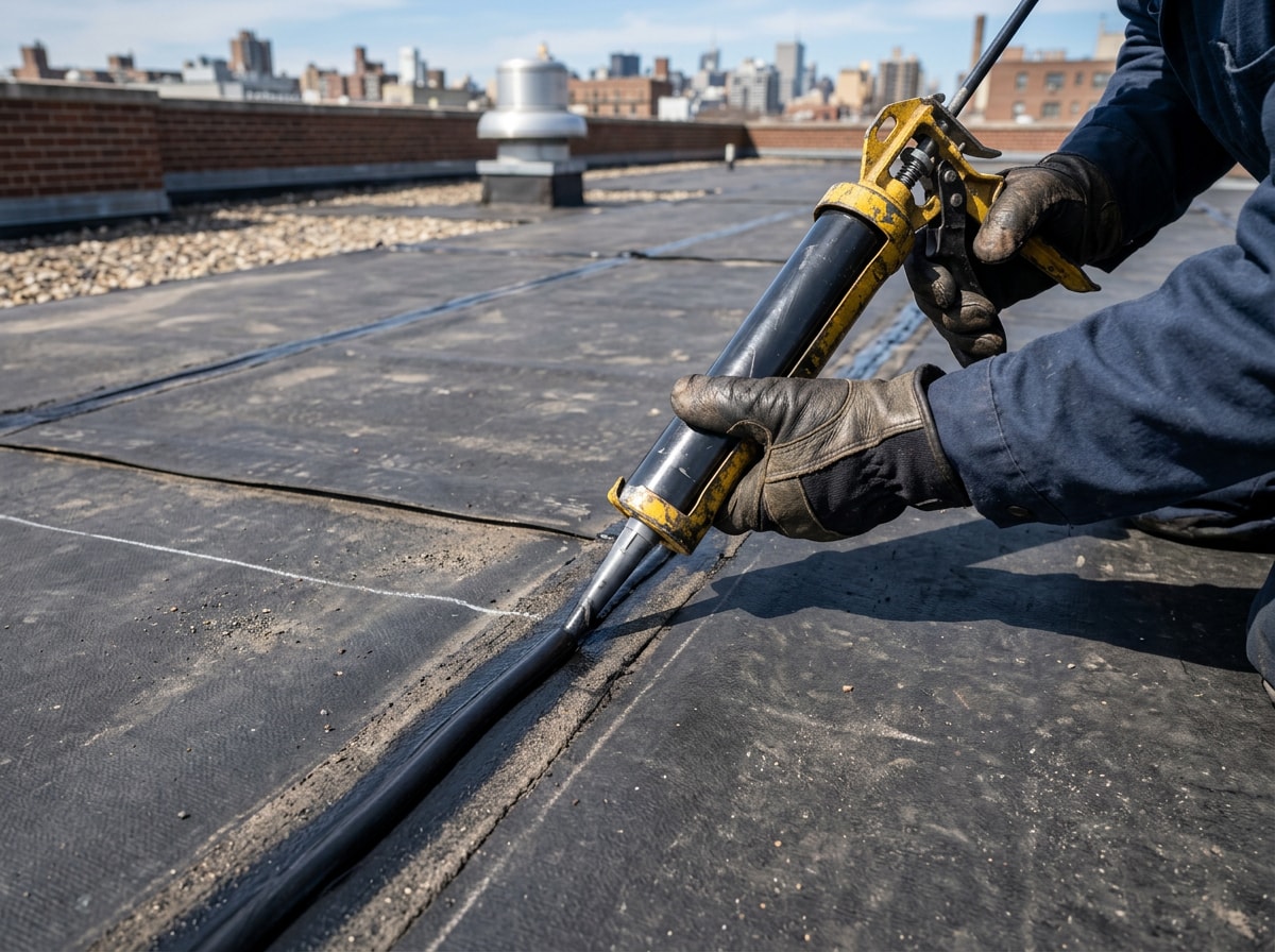 Roofing technician applying seam sealant along an EPDM rubber roof seam during a maintenance visit