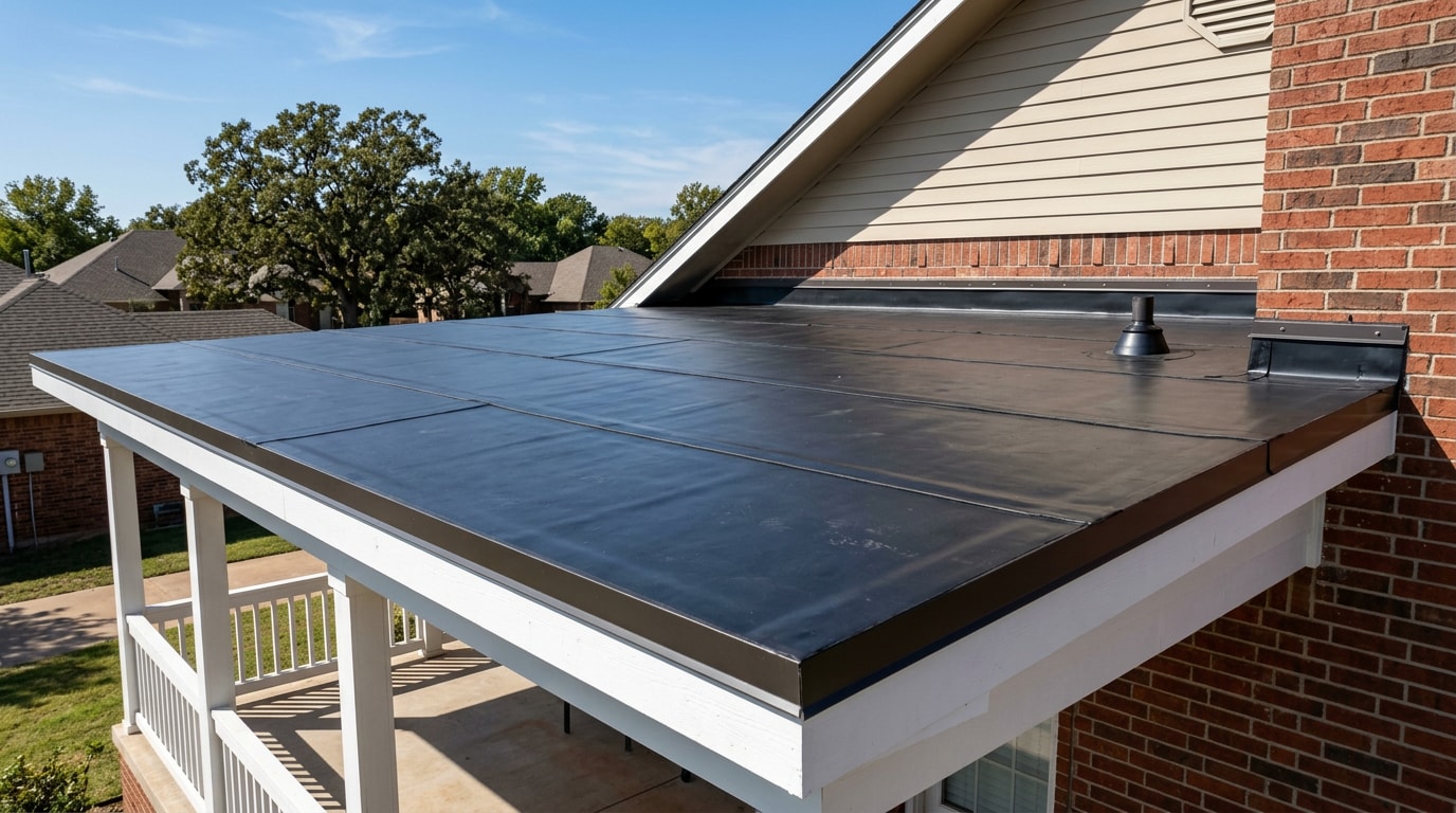 Finished black EPDM rubber roof on a flat residential porch addition in Piedmont, OK