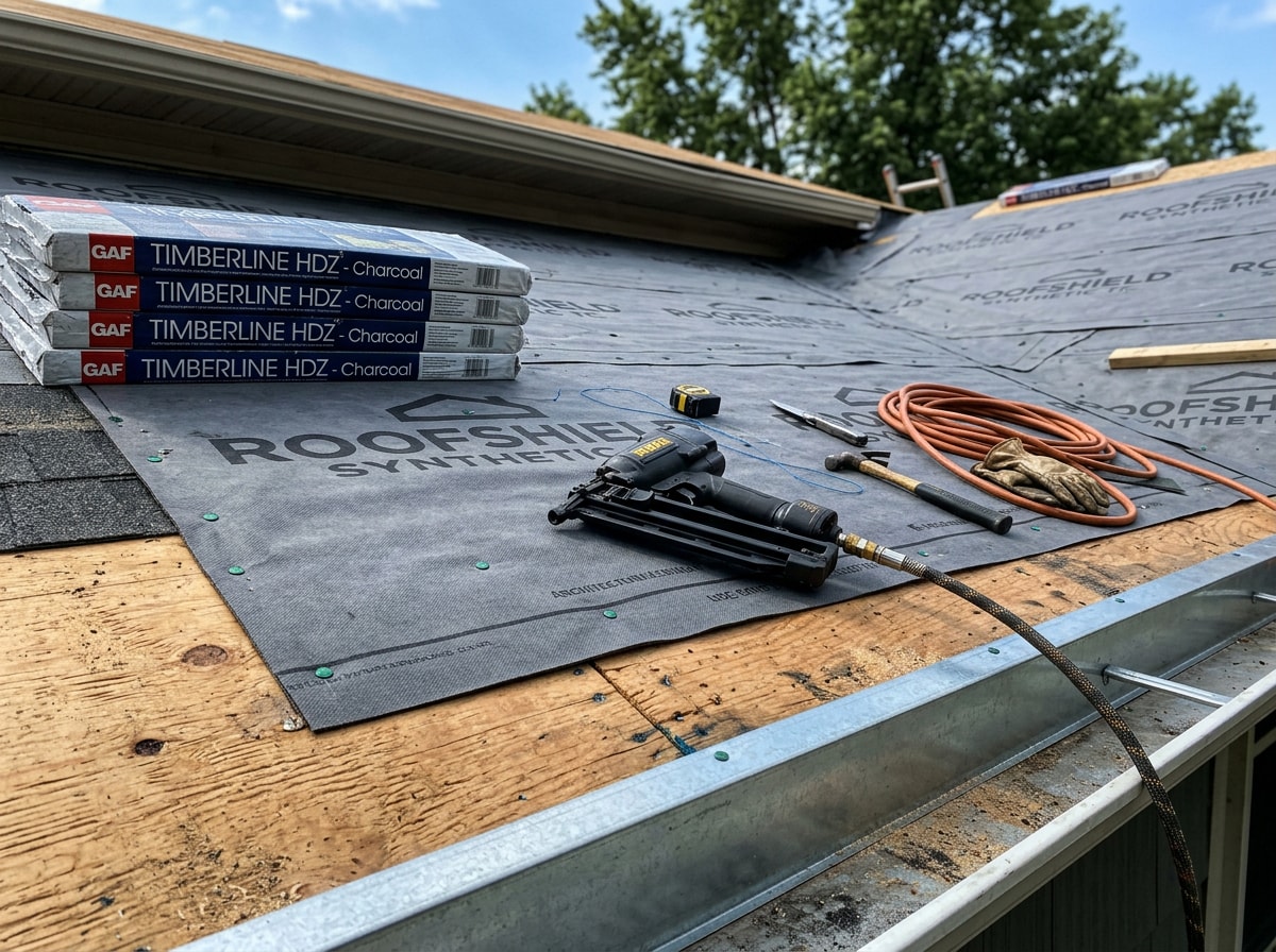 Roofing crew installing underlayment during a shingle roof tear-off in Moore, OK