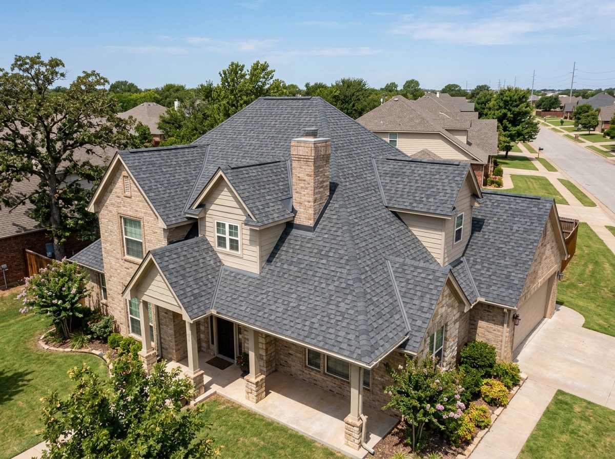 Completed architectural asphalt shingle roof on a home in Moore, OK