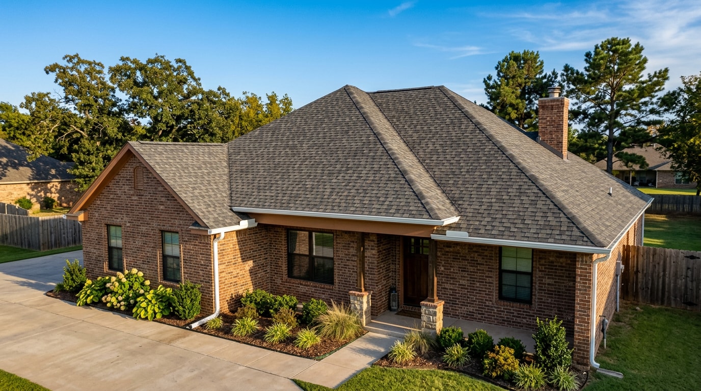 Finished architectural asphalt shingle roof on a home in Moore, OK