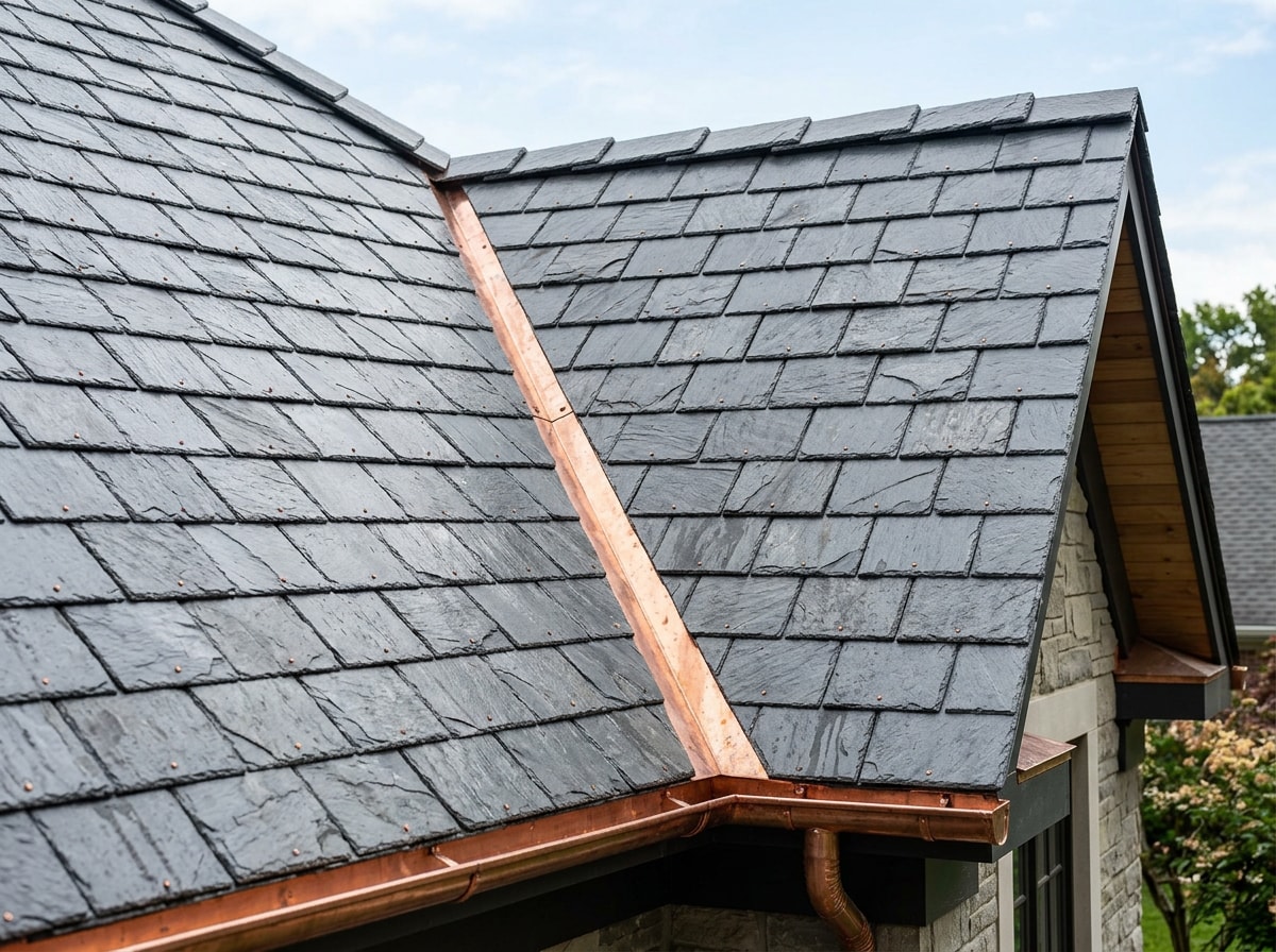 Finished natural slate roof installation on a Tulsa home showing durable gray slate shingles
